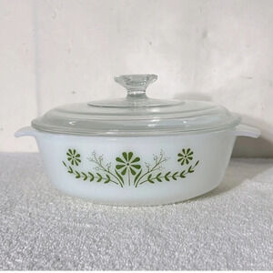 Vintage  Milk Glass Green Daisy Flower Round Casserole Dish W Lid